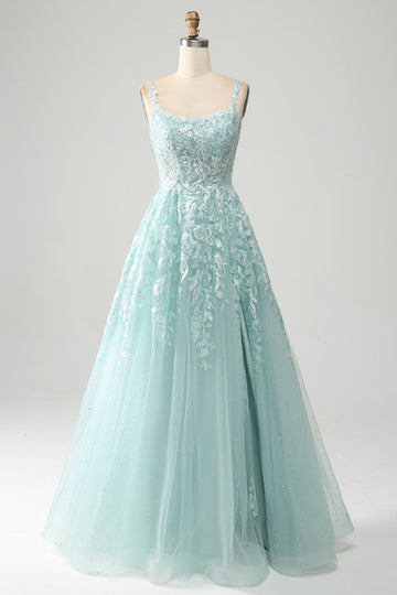 Glitter Mint A-Line Tylle Long Prom kjole med blonder